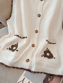 GlowEve CURVE Gilet sans manches en maille pour femmes grande taille, style rétro ample et décontracté, nouveau pour le début du printemps, beige polyvalent avec patchwork, bordure couleur café, décoré de motifs brodés - Nude - Voir 4