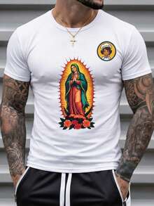 Camiseta masculina estampada Virgen de Guadalupe algodón transpirable estilo casual para verano ideal para uso diario - Blanco - Ver 1