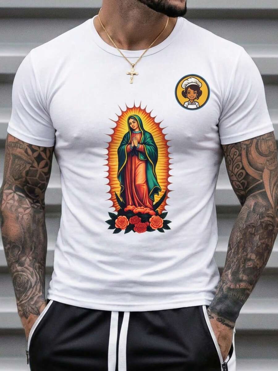 Camiseta masculina estampada Virgen de Guadalupe algodón transpirable estilo casual para verano ideal para uso diario - Blanco - Ver 1