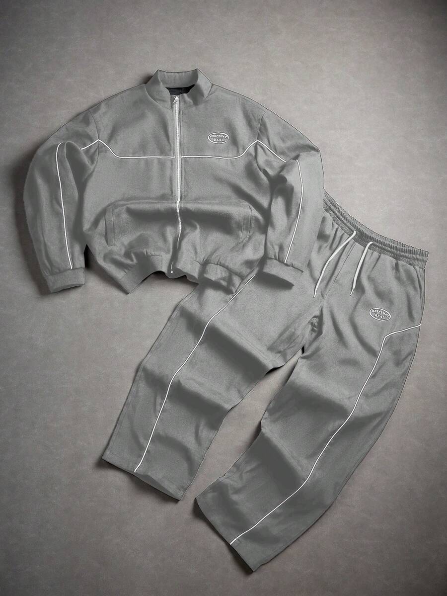 Manfinity Homme Ensemble veste zippée imprimée de lettres et pantalon à taille élastique pour hommes, automne - Gris pâle - Voir 1