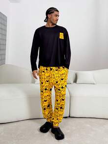 Mr Men Little Miss X SHEIN 男士舒适卡通图案长袖T恤和长裤家居服套装，秋季 - 彩色 - 查看 3