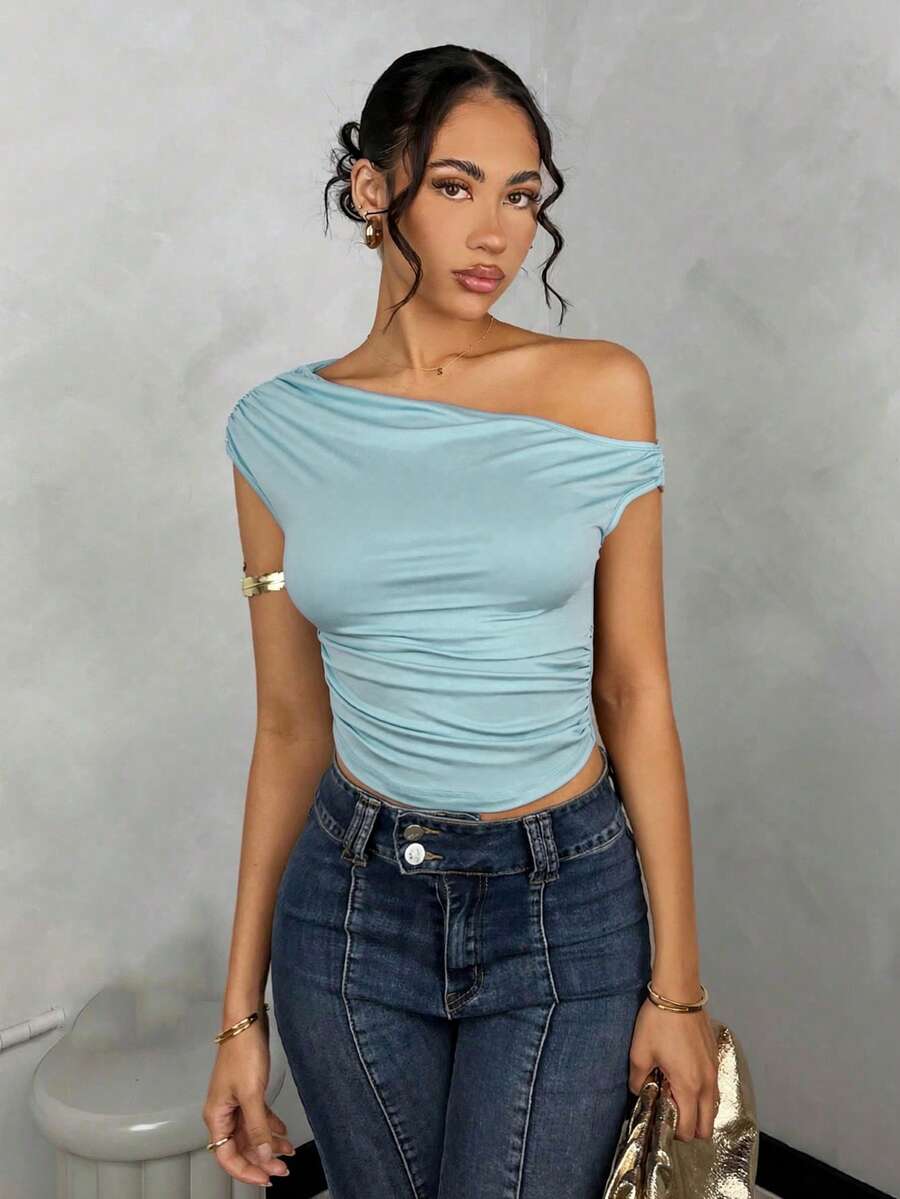 SHEIN BAE Women's Solid Color Ruched Asymmetric Shoulder Summer Top - Blue - View 1