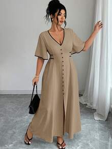 Elenzga Plus Size Color Block V-Neck High Slit Short Sleeve Dress - Khaki - View 5