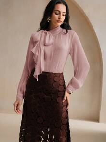 Anewsta Women's High Neck Long Sleeve Tie Cuff Elegant Chic Commuter Blouse With Bow Tie - Dusty Pink - View 5