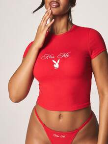 Missguided x Playboy Two Piece Lounge Set Short Sleeve Crop Top And Thong Bottom With Graphic Print For Casual Wear And Valentine Season - Red - View 2