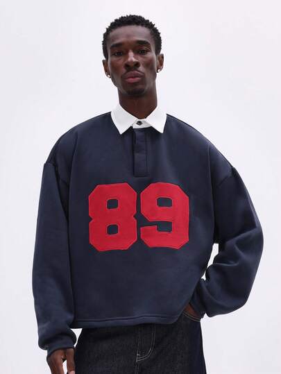 SUMWON Oversized Numeric Graphic Polo Shirt With White Collar Rugby Style Short Sleeve Pullover Casual Streetwear Top