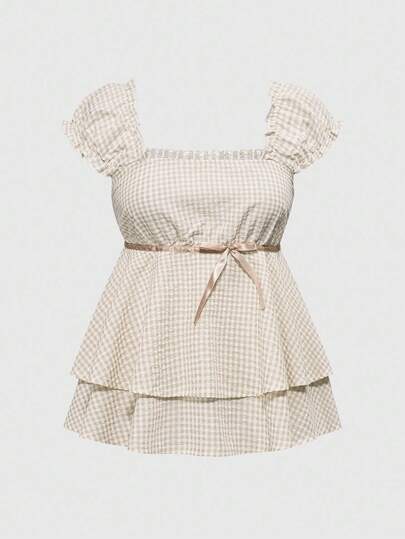 ROMWE Kawaii فستان قميص مربع الياقة بخطوط مربعة مزين بفيونكة جميلة