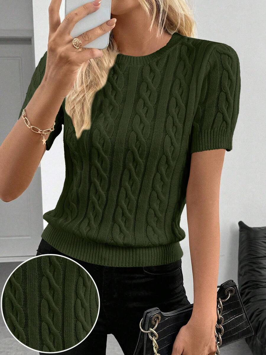 SHEIN Cottnline Blogger-Inspired Twist Rope Decor Round Neck Knit Sweater, Versatile For Autumn/Winter - Army Green - View 1