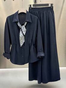 Chiquease Conjunto elegante de alfaiataria francesa para mulheres, composto por blusa de manga comprida com gola alta e modelagem solta, decorada com um lenço especial, e calça pantalona. Ideal para professoras, profissionais e para o outono/inverno. - Azul marinho - Ver 7