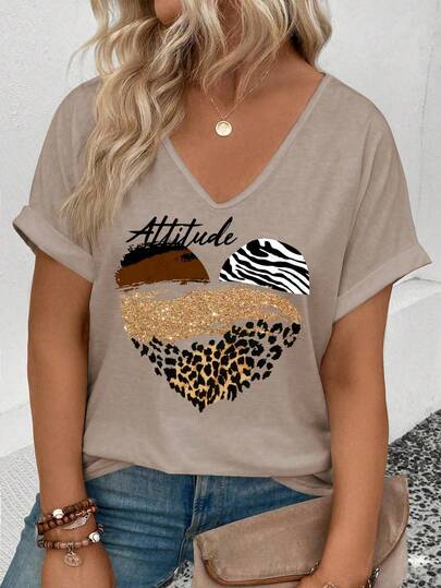 EMERY ROSE New Arrival Spring/Summer Bestselling Leopard Print Heart V-Neck Short Sleeve Plus Size Women T-Shirt
