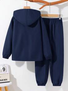 SHEIN 两件套男童半拉链连帽外套和运动裤套装，秋冬季休闲运动风 - 藏蓝色 - 查看 2