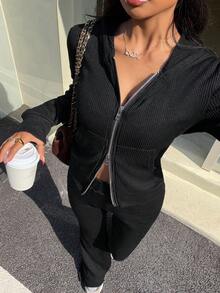 SHEIN Unity Women's Casual Black Ribbed Slim Fit Hooded Zip-Up Top And Low-Waist Long Pants 2 Pieces Set, Autumn/Winter - Black - View 1