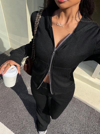 SHEIN Unity Women's Casual Black Ribbed Slim Fit Hooded Zip-Up Top And Low-Waist Long Pants 2 Pieces Set, Autumn/Winter