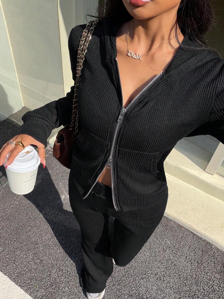 SHEIN Unity Women's Casual Black Ribbed Slim Fit Hooded Zip-Up Top And Low-Waist Long Pants 2 Pieces Set, Autumn/Winter - Black - View 1
