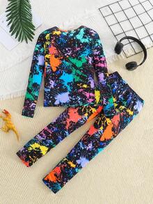 2pcs Tween BoysSnug Fit Sleepwear Set, Colorful Graffiti Print Long Sleeve Top And Pants, Comfortable Loungewear - Multicolor - View 2