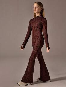 SHEIN 1件装少女无缝豹纹高领拉链拇指孔高腰修身运动跑步健身体操舞蹈长袖喇叭连体裤 - 棕色 - 查看 5