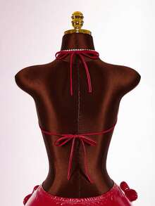 Amplova 红色性感缎面水钻心形女士泳衣上装，适合新年和情人节海滩派对 - 紅色 - 查看 2