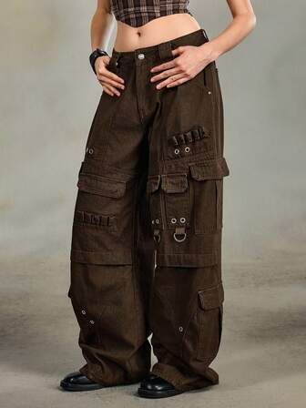 Grunge Punk Jeans cargo con vestibilità ampia, stile vintage streetwear, con rivetti in metallo