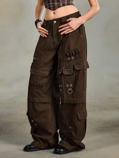 Grunge Punk Jeans cargo de ajuste holgado con remaches de metal estilo vintage streetwear