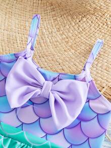 SHEIN Newborn Cute Summer Mermaid Pattern Casual Knitted Bow Color Block Suspender One-Piece Swimsuit - Multicolor - View 2
