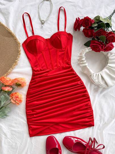 Soleia Đầm ngắn màu đỏ dệt kim cổ chữ V, eo xếp ly, ôm sát, thích hợp cho kỳ nghỉ, hẹn hò, phong cách Bohemian, Boho, cổ điển, lễ hội.