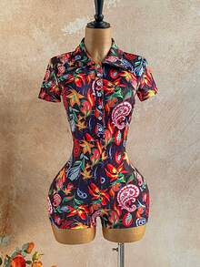 Soleia Women's Paisley Floral Multicolor Print Romper,Summer Boho Holiday Vacation Outfit,Open Front Button Lapel Collar Short Sleeve Jumpsuit,Black And Pink - Multicolor - View 4