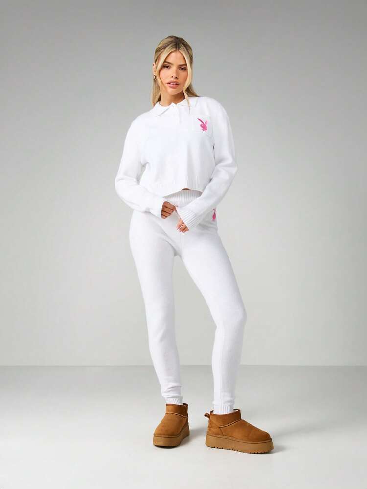 Missguided x Playboy Ribbed Knit Co Ord Set With Cropped Sweater And High Waisted Joggers Featuring Pink Bunny Logo Winter Lounge Set