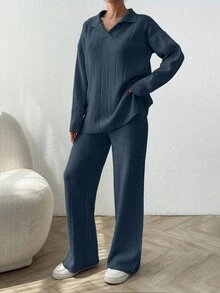 EURMUSE 2pcs/Set Solid Color Ribbed Polo Neck Loose Knit Sweaters - Navy Blue - View 3