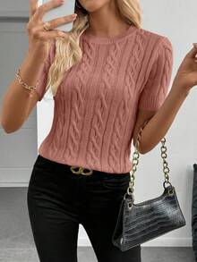 SHEIN Cottnline Blogger-Inspired Twist Rope Decor Round Neck Knit Sweater, Versatile For Autumn/Winter - Dusty Pink - View 6
