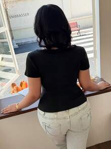 Easura 大码女式休闲性感蕾丝拼接深V蝴蝶结设计百搭T恤 - 黑色 - 查看 2