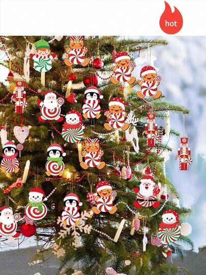 60pcs Christmas Wooden Ornaments, Lollipop Candy Decorations, Santa Claus, Snowman, Penguin, Gingerbread Decorative Hanging Ornaments, Wooden Craft With Ropes, Suitable For Family Gatherings, Holidays, Christmas Party Decor