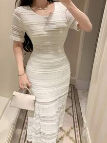 DAZY 女士圆领荷叶边蕾丝修身中长连衣裙，优雅 - 白色 - 查看 2