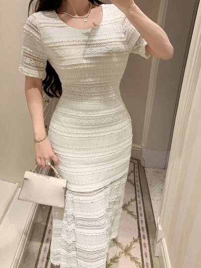 DAZY 女士圆领荷叶边蕾丝修身中长连衣裙，优雅