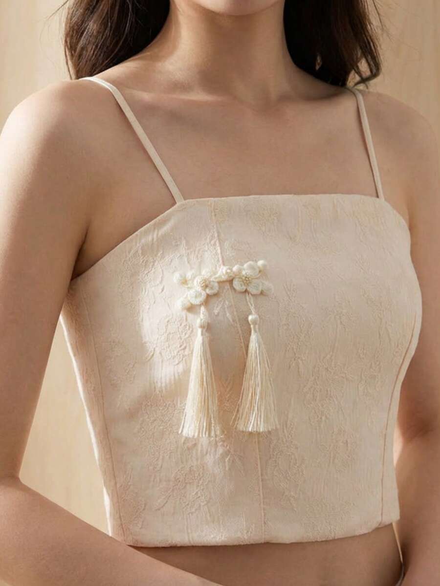 Top Casual, Tirantes Delgados, Tela de Satín,Retro estilo Cheongsam de estilo chino, Top corto sin mangas con parte baja holgada para mujer, verano - Beis - Ver 1