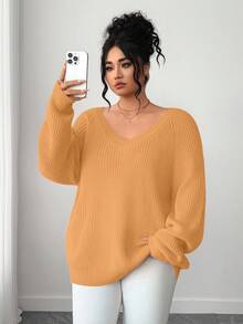 SHEIN Tall CURVE Plus Size Casual V-Neck Raglan Sleeve Pullover Sweater - Camel - View 5