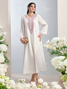 Al Najma Vestido holgado de estilo árabe con mangas acampanadas y bordado de perlas falsas para mujer - Albaricoque - Ver 2