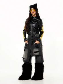 SUMWON WOMEN Flame Embroidered Motorcycle Leather Jacket With Print Designs Asymmetrical Zip Closure Statement Outerwear - Black - View 5