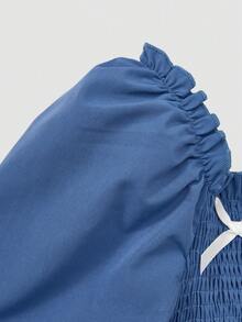 SHEIN Teenage Girls' Elegant Black Mid-Length Dress, Square Neck Puff Sleeve, Bow Waist Pleated Dress, Suitable For Family Gatherings, Parties, And Daily Wear