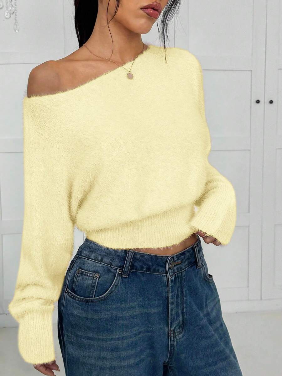 SHEIN EZwear 新款简约柔软可爱浅黄色毛衣,女士纯色不对称领休闲长袖套头衫,适合外出、万圣节、圣诞节和其他秋季场合。 - Butter Yellow - 查看 1