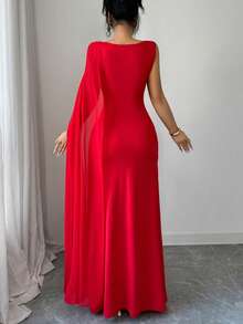 Elenzga Women's Elegant Ruched Metal Decor Party Dress, Sleeveless A-Line Cocktail Gown, Red, Spring/Summer - Fiery Red - View 2