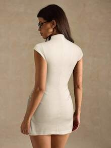 SHEIN BAE Vestido elegante de mujer de unicolor con cuello alto, mangas raglán y ajuste con botones frontales en costilla - Albaricoque - Ver 2