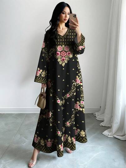 SHEIN Najma 女士花卉几何印花V领长袖优雅连衣裙，春秋季
