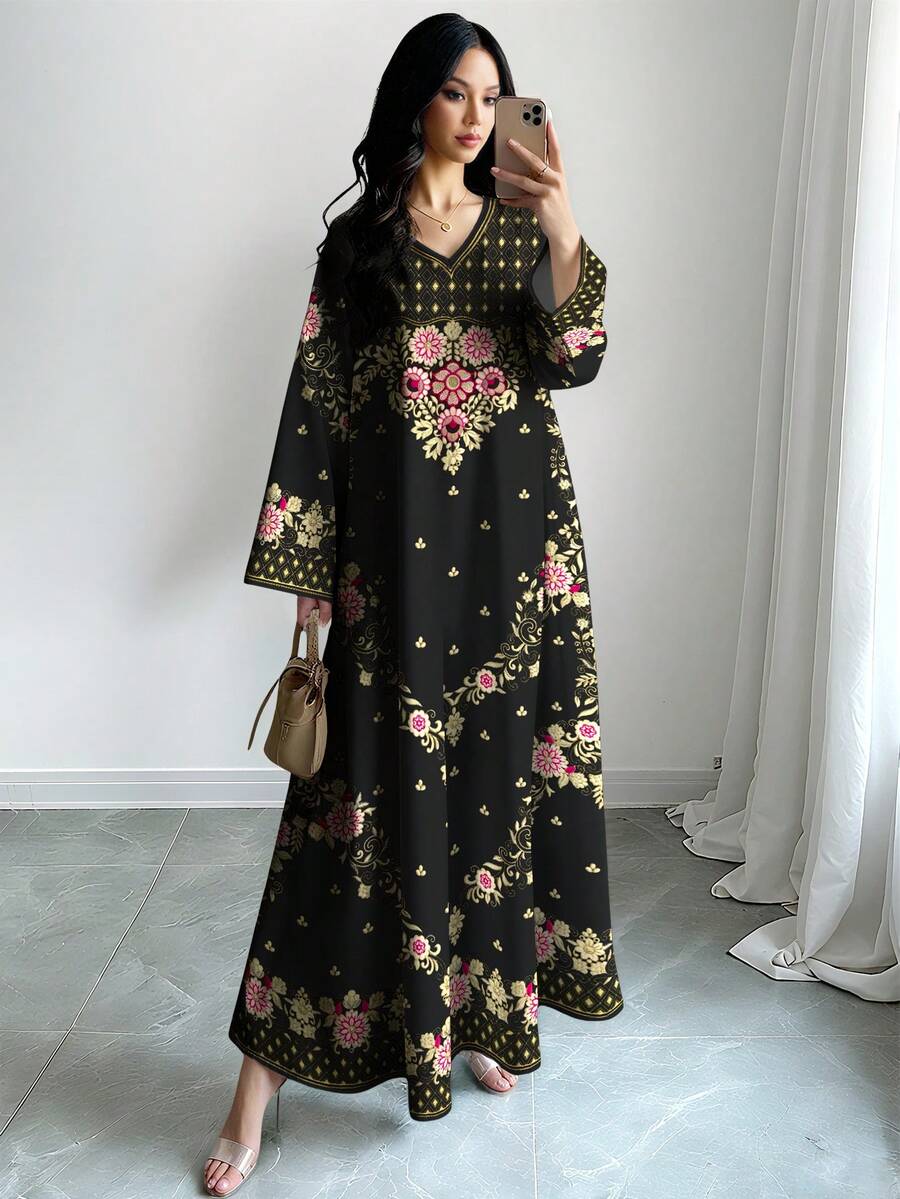 SHEIN Najma 女士花卉几何印花V领长袖优雅连衣裙，春秋季 - 彩色 - 查看 1
