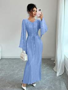 Elenzga Women's Blue Waist Cinched Round Neck Long Sleeve Standard Size Long Dress Smocked Women Dress Long Sleeve Elegant Dress Pleated Dresses For Women Elegant Dress - Baby Blue - View 4
