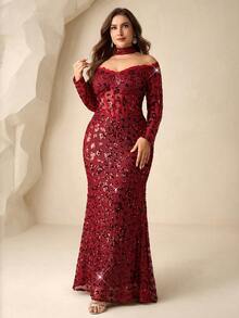Coutiva Plus Size Women's Burgundy Spring Elegant Evening Formal Dress,Off-Shoulder Lace Patchwork Sequin Gown With Detachable Collar And Faux Fishbone - Burgundy - View 5