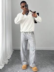 HUEFORM Áo nỉ ngắn tay nam Old Money Fleece có khóa kéo, kiểu áo chui đầu có thể điều chỉnh viền, thích hợp cho mùa đông. Áo len nam có khóa kéo cổ ¼. - trắng - Xem 3