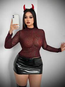 Whyspr 大码女式朋克风爱心网眼休闲修身性感T恤 - 紅色 - 查看 5