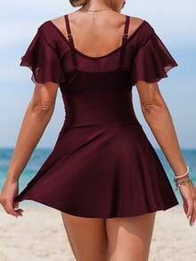 Swim Lushoire Vestido de traje de baño de una pieza con cuello en V, mangas con volantes, parches de malla y unicolor, nuevo lanzamiento de verano para mujer - Burdeos - Ver 3