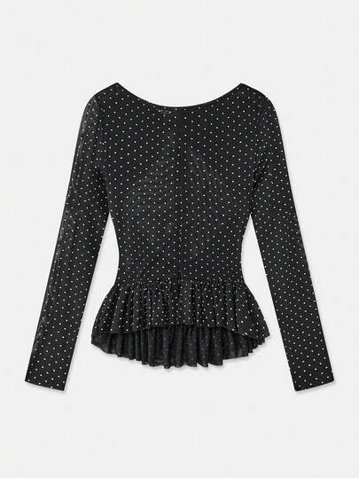 lacRébo Polkadot Print Mesh Long Sleeve Sheer Top With Peplum Hem Evening Party Vintage Style Autumn Winter