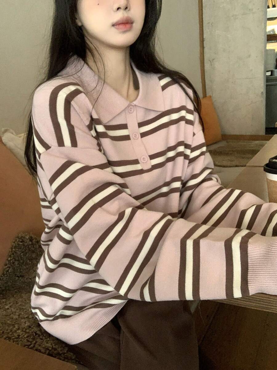 Livesso 女士秋季复古条纹高领毛衣 - 藕粉色 - 查看 1